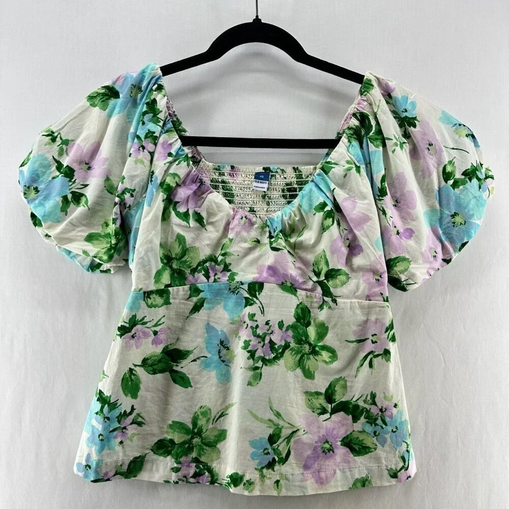 Old Navy Waist Defined V-neck Blouse Womens XS Puff-Sleeve Smocked Floral White